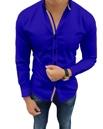 Men's Solid Slim Fit Cotton Double Button Royal Blue Khaki Shirt