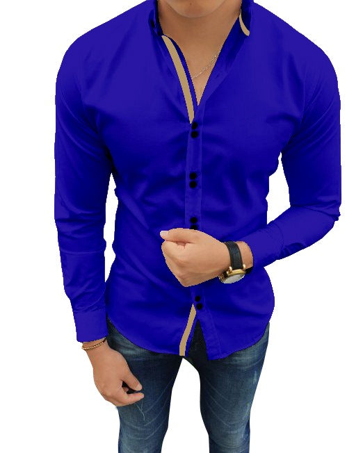 Men's Solid Slim Fit Cotton Double Button Royal Blue Khaki Shirt