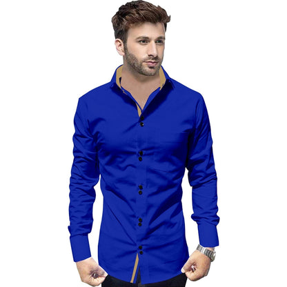 Men's Solid Slim Fit Cotton Double Button Royal Blue Khaki Shirt