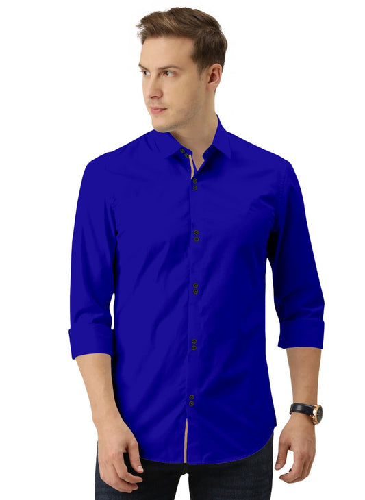 Men's Solid Slim Fit Cotton Double Button Royal Blue Khaki Shirt