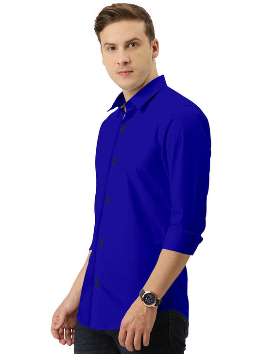 Men's Solid Slim Fit Cotton Double Button Royal Blue Khaki Shirt