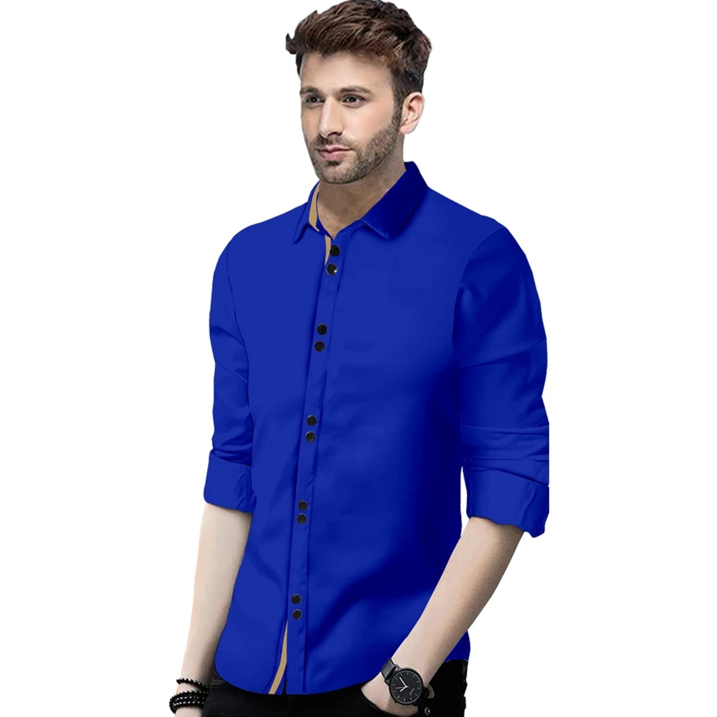 Men's Solid Slim Fit Cotton Double Button Royal Blue Khaki Shirt