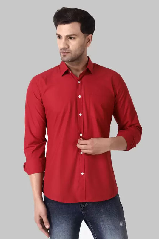 Men's Regular Fit Solid Spread Collar Casual Red Shirt