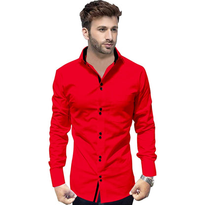 Men's Solid Slim Fit Cotton Double Button Red Shirt