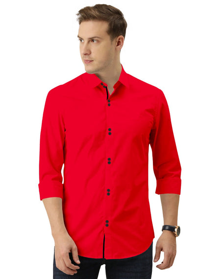 Men's Solid Slim Fit Cotton Double Button Red Shirt