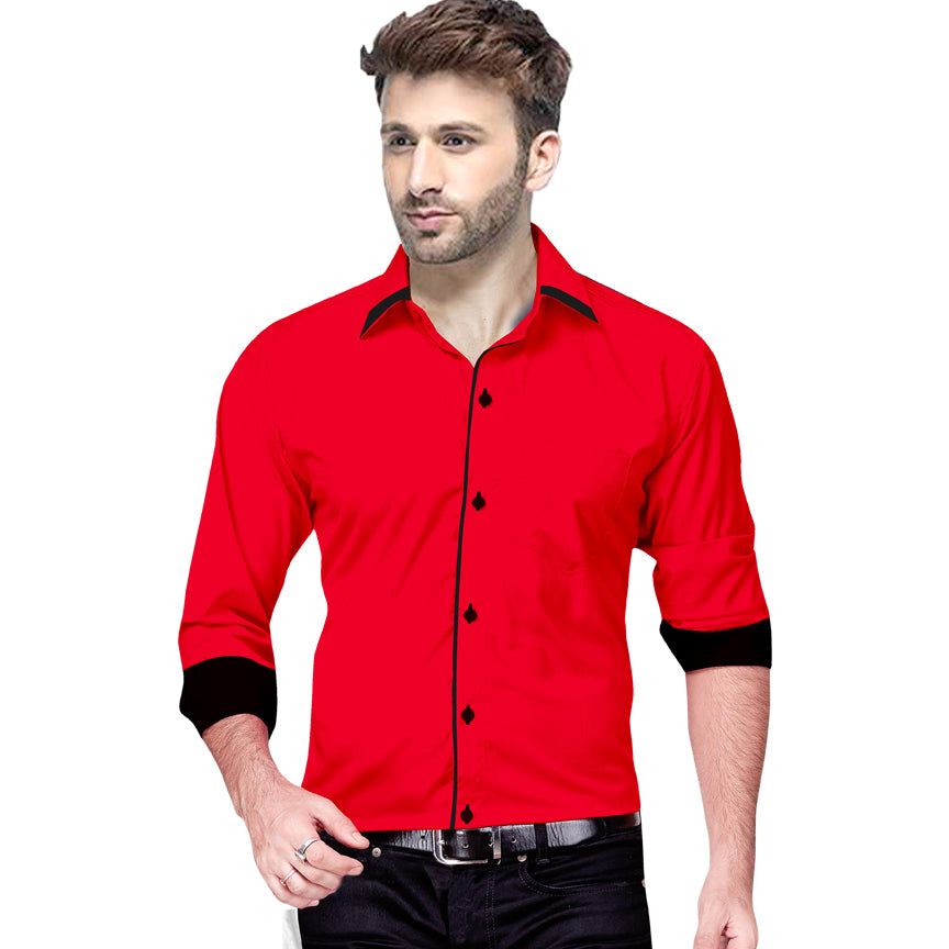 Men's Liner Design Slim Fit Red Cotton Shirt