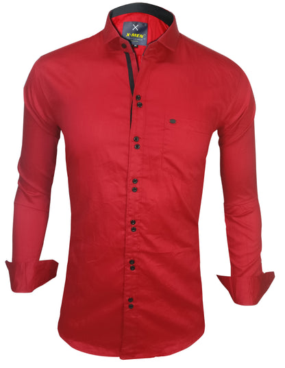 Men's Solid Slim Fit Cotton Double Button Red Shirt