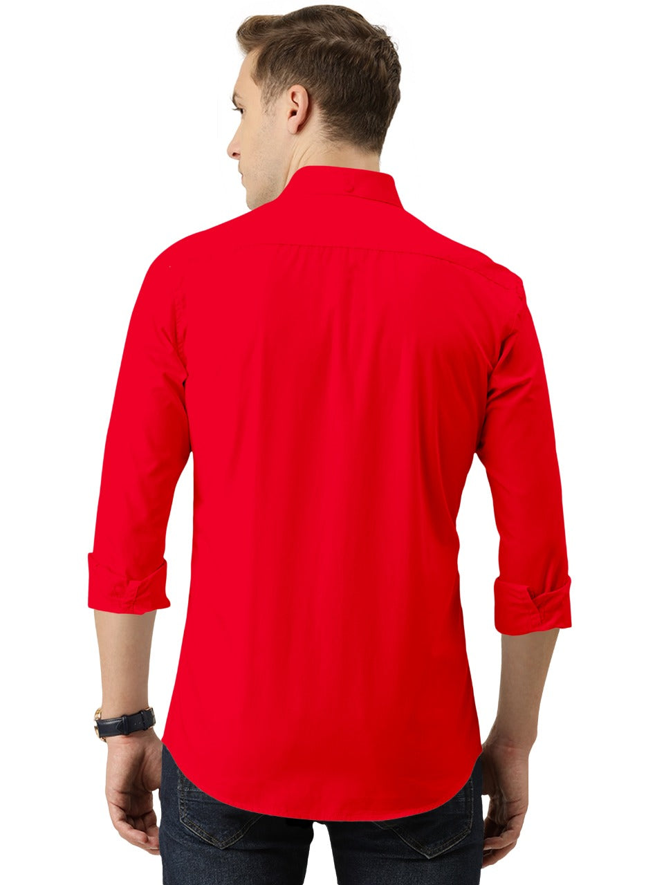 Men's Solid Slim Fit Cotton Double Button Red Shirt