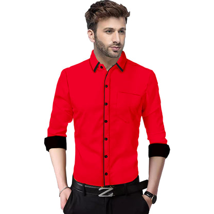 Men's Liner Design Slim Fit Red Cotton Shirt