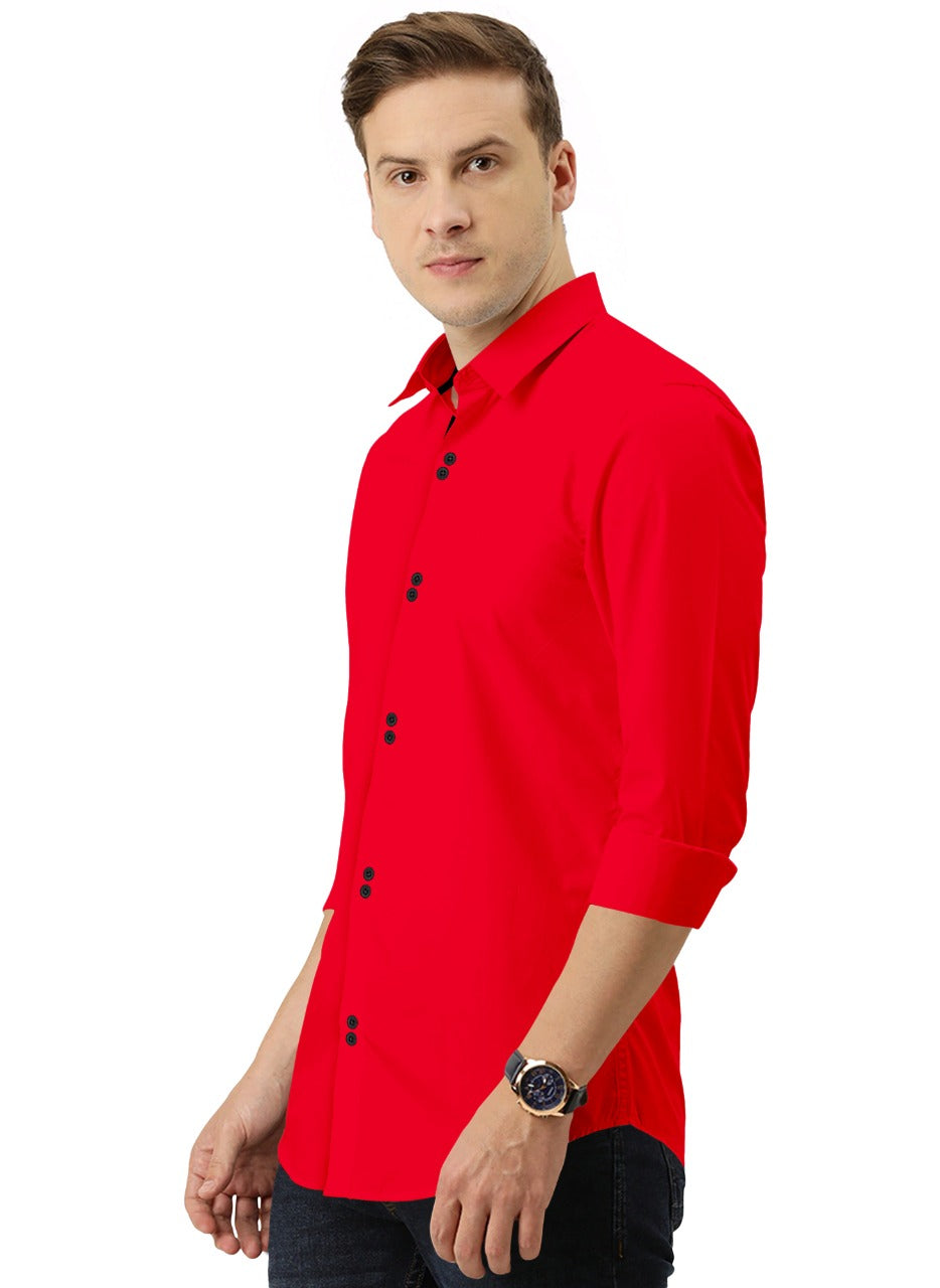 Men's Solid Slim Fit Cotton Double Button Red Shirt