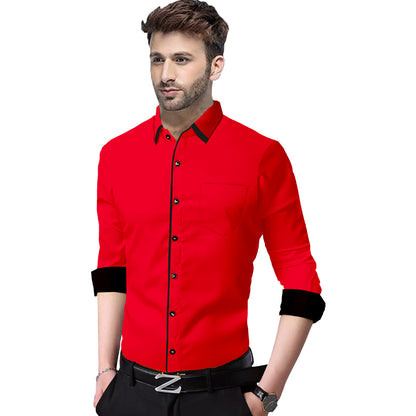 Men's Liner Design Slim Fit Red Cotton Shirt