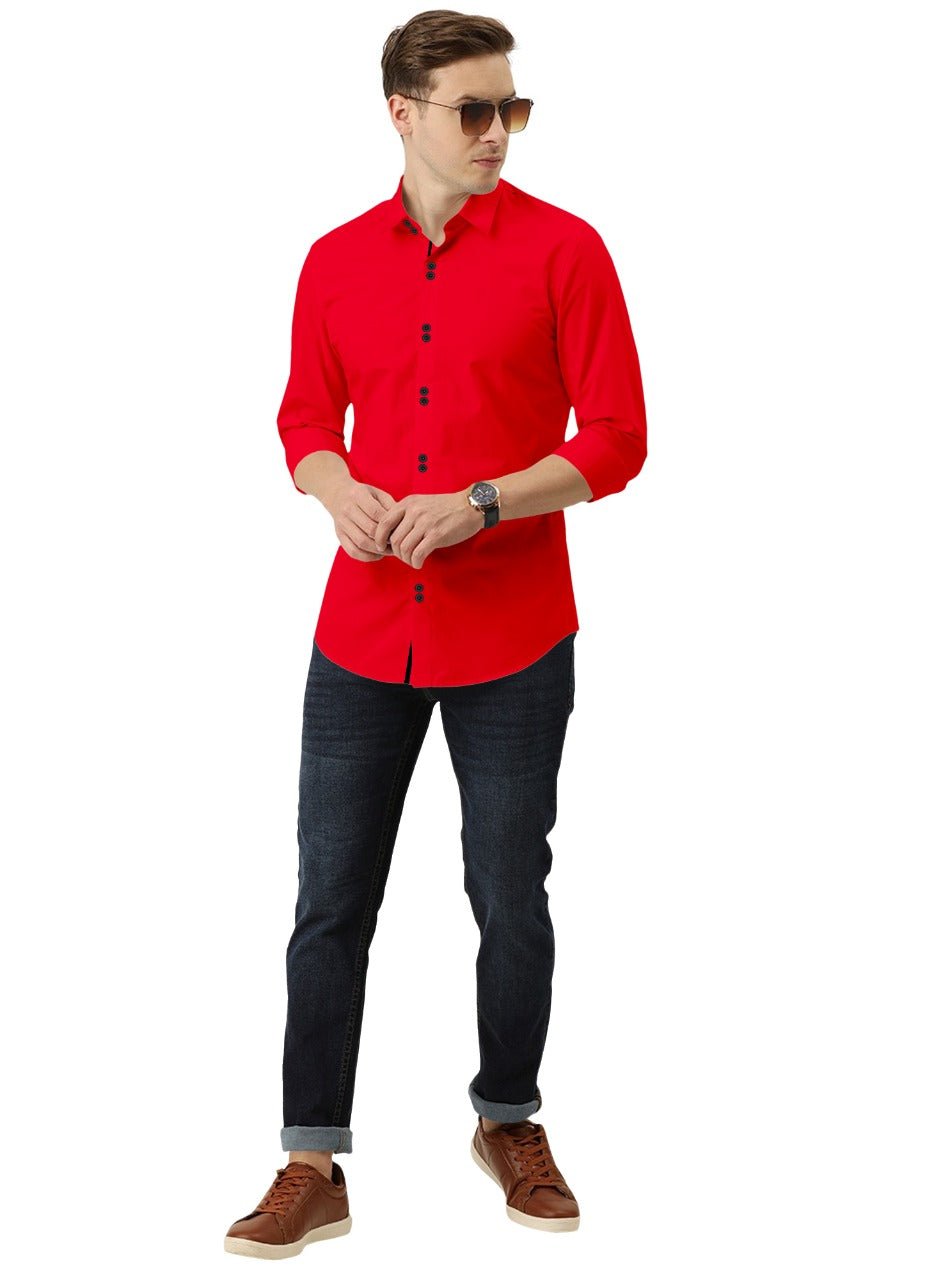 Men's Solid Slim Fit Cotton Double Button Red Shirt
