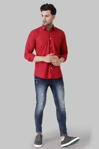 Men's Regular Fit Solid Spread Collar Casual Red Shirt