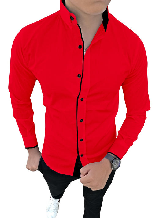 Men's Liner Design Slim Fit Red Cotton Shirt