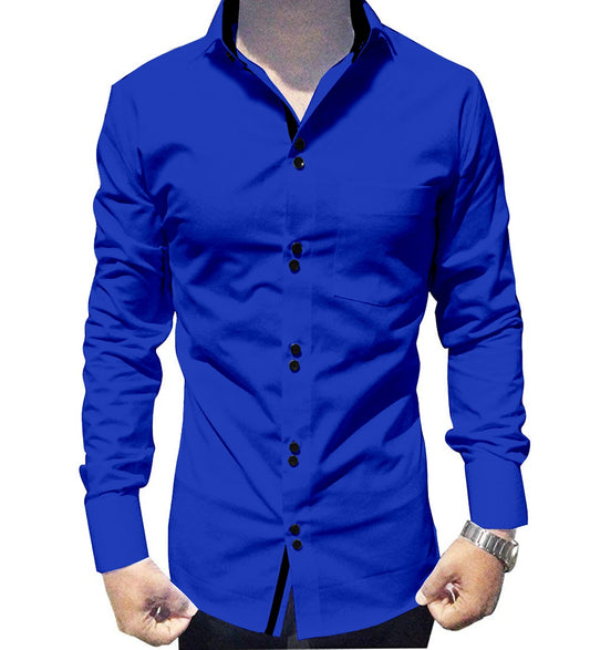 Men's Solid Slim Fit Cotton Double Button Royel Blue Shirt