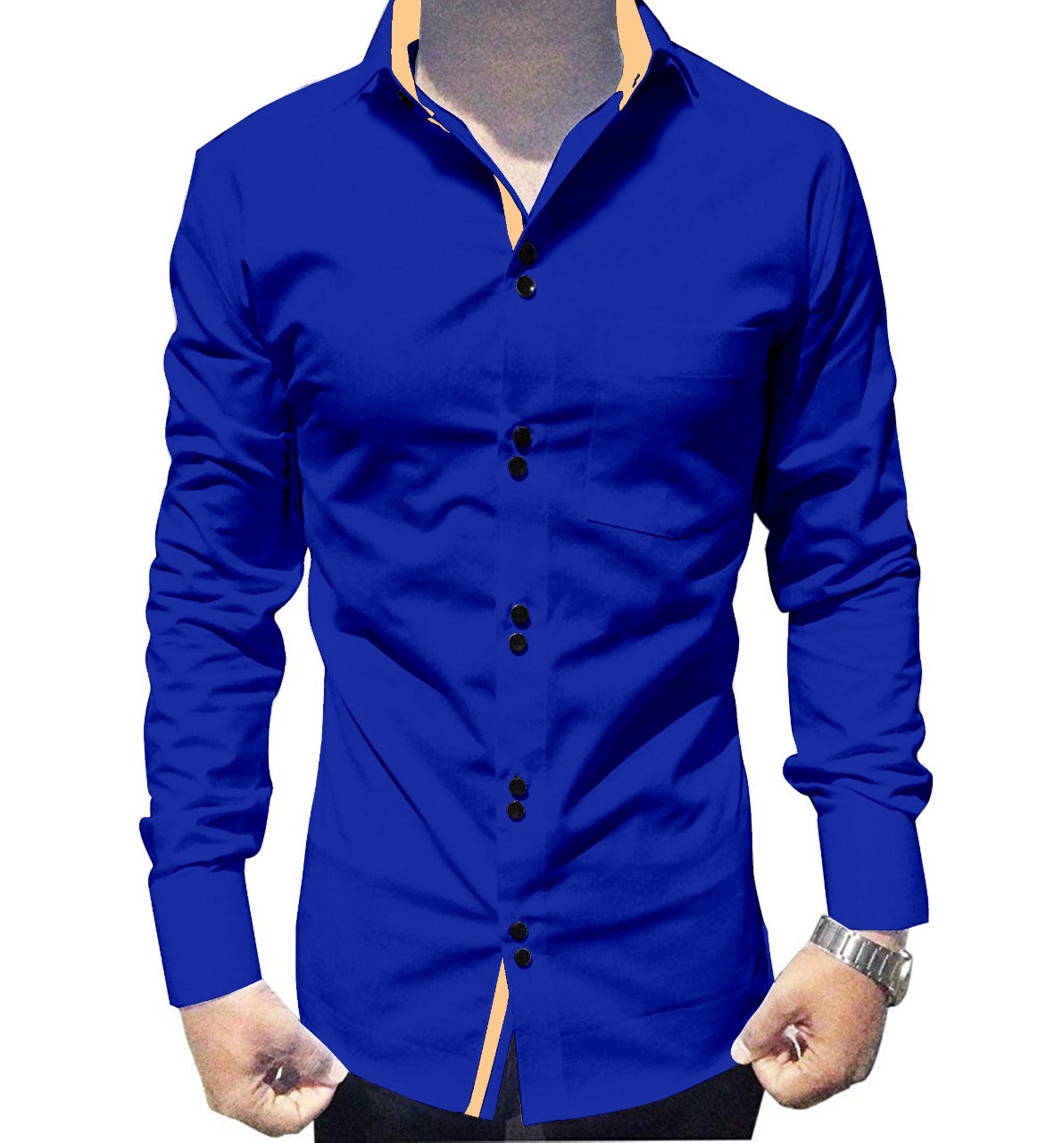Men's Solid Slim Fit Cotton Double Button Royal Blue Khaki Shirt
