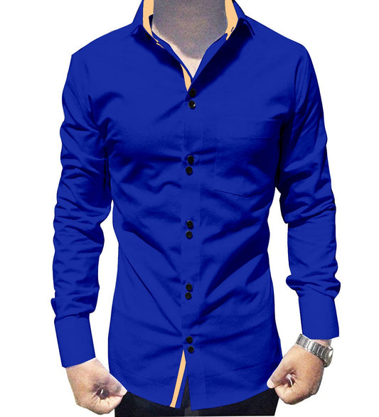 Men's Solid Slim Fit Cotton Double Button Royal Blue Khaki Shirt