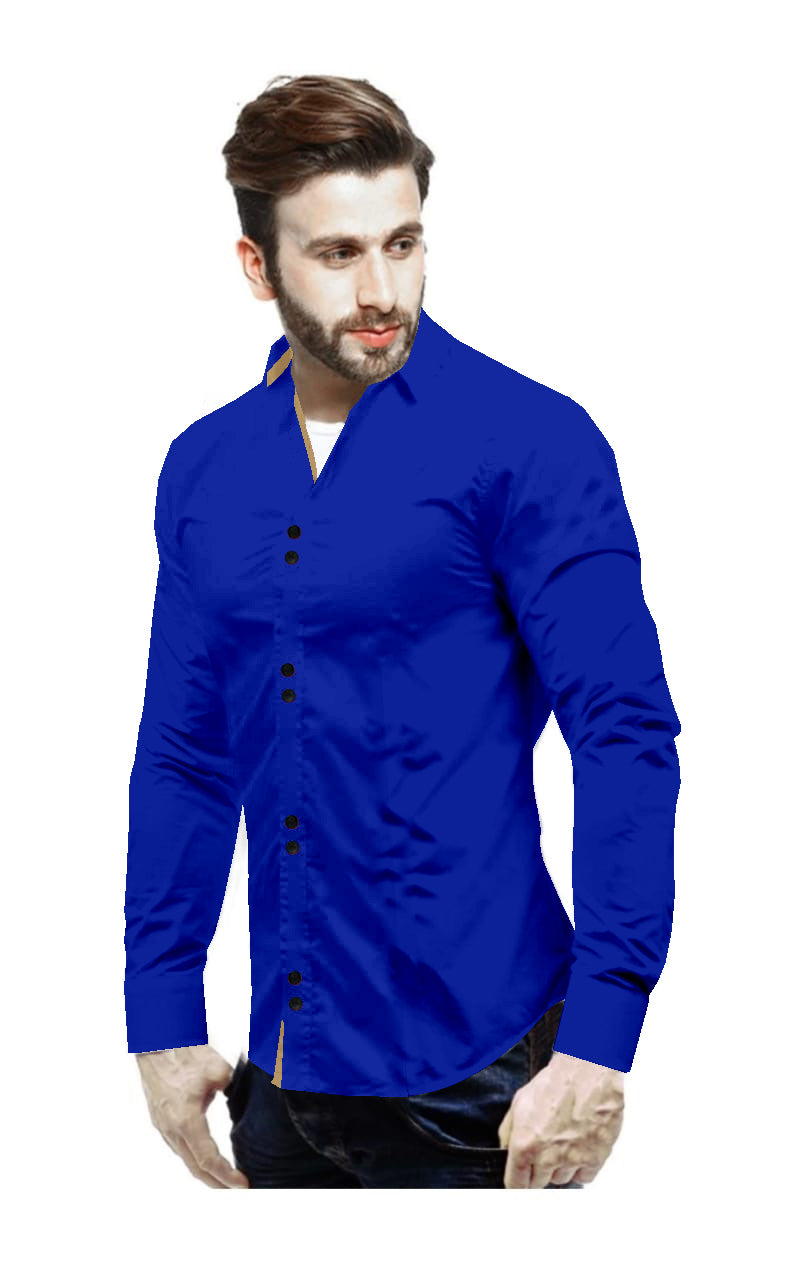 Men's Solid Slim Fit Cotton Double Button Royal Blue Khaki Shirt
