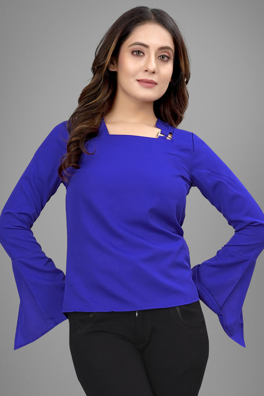 SUR-T Regular Sleeves Solid Velvet Women Royal Blue Top