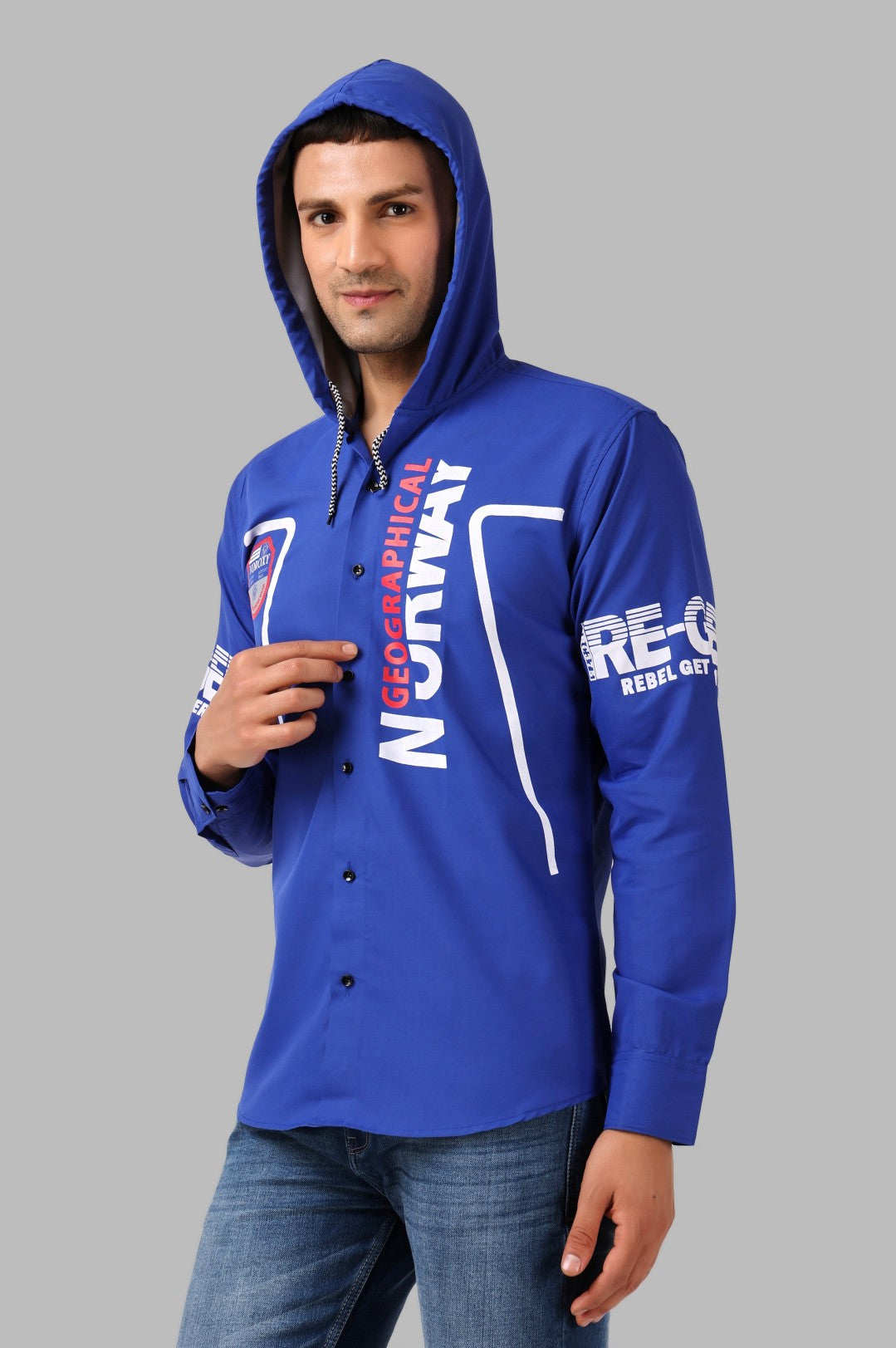 SUR-T Men's Regular Fit Printed Ribbed Collar Casual Royal Blue Classic Hoodie Shirt