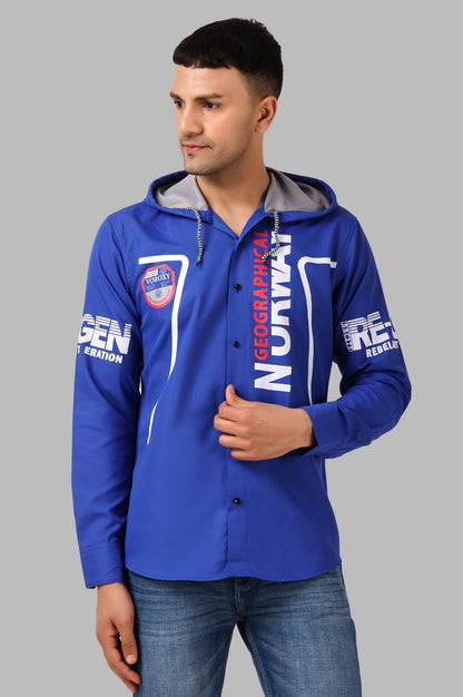 SUR-T Men's Regular Fit Printed Ribbed Collar Casual Royal Blue Classic Hoodie Shirt