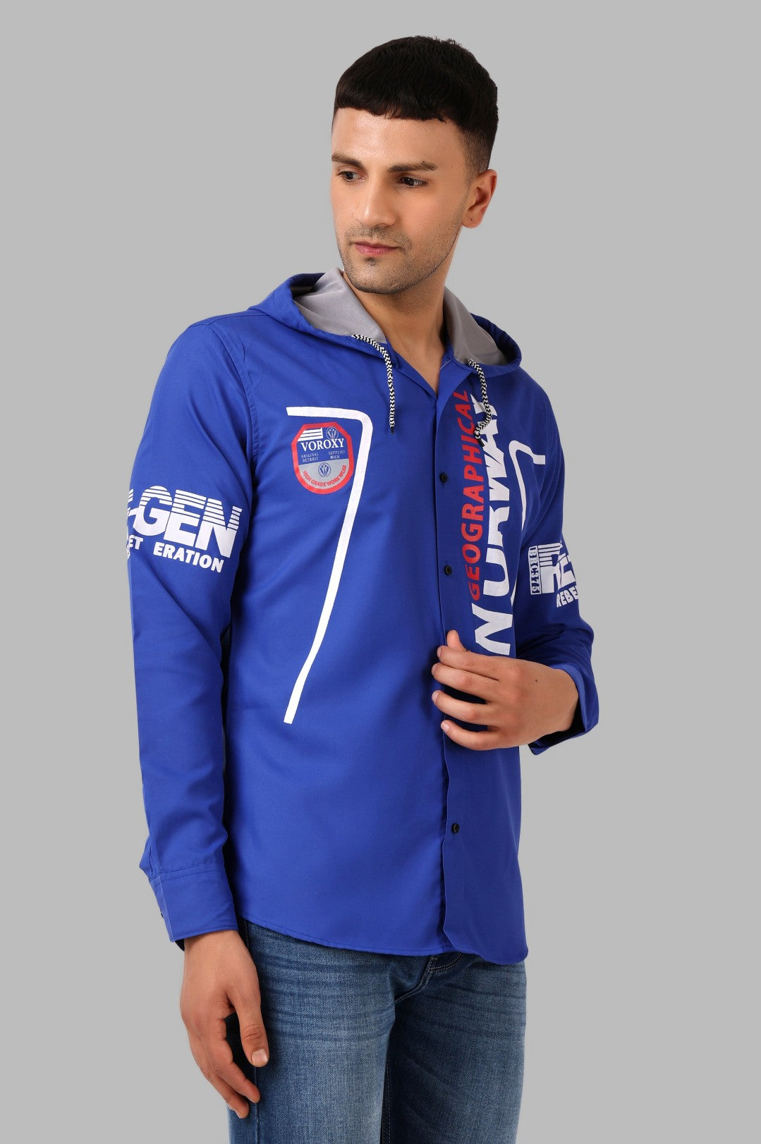 SUR-T Men's Regular Fit Printed Ribbed Collar Casual Royal Blue Classic Hoodie Shirt