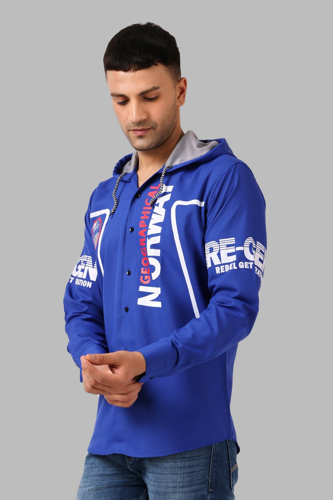 SUR-T Men's Regular Fit Printed Ribbed Collar Casual Royal Blue Classic Hoodie Shirt