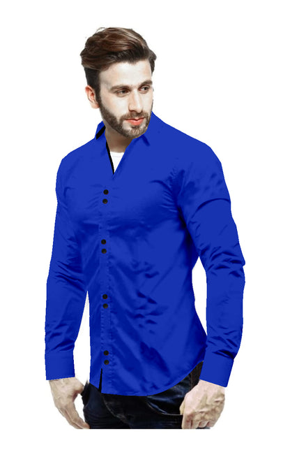 Men's Solid Slim Fit Cotton Double Button Royel Blue Shirt