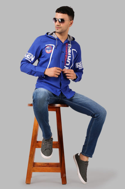 SUR-T Men's Regular Fit Printed Ribbed Collar Casual Royal Blue Classic Hoodie Shirt