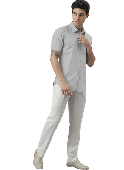 Men's Solid Slim Fit Cotton Half Sleeves Silver Shirt
