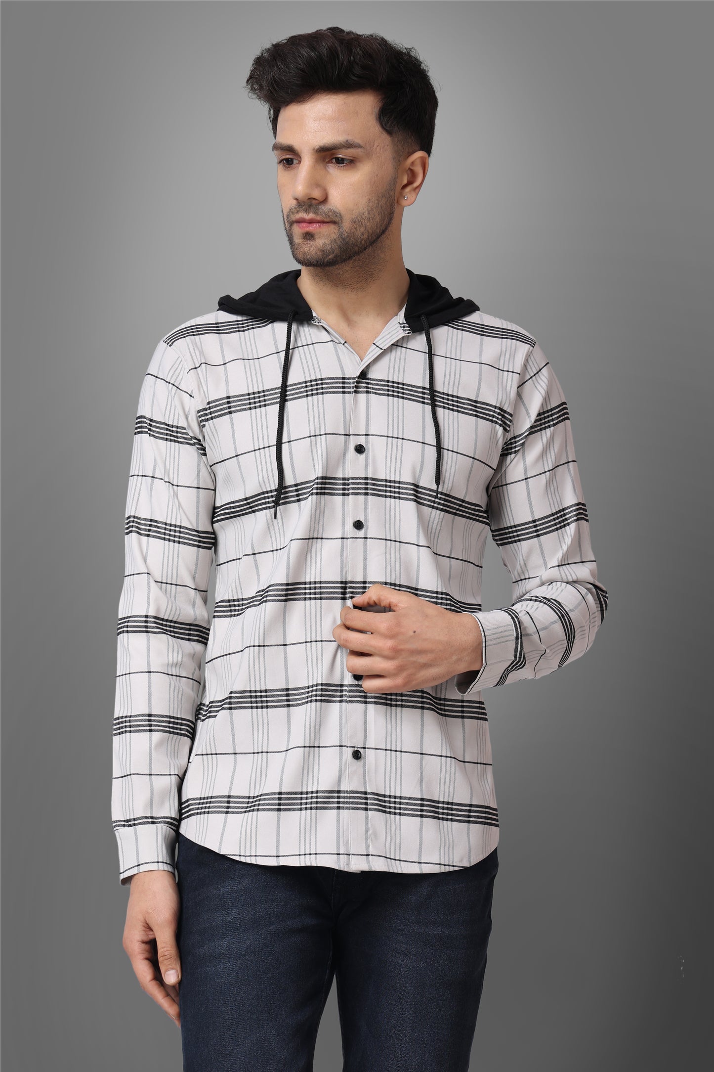 SUR-T Men's Regular Fit Checkered Hood Collar Casual Grey Classic Hoodie Shirt