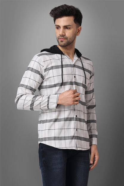 SUR-T Men's Regular Fit Checkered Hood Collar Casual Grey Classic Hoodie Shirt