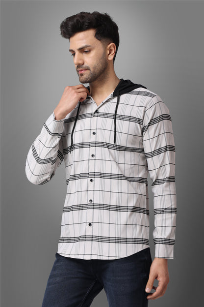 SUR-T Men's Regular Fit Checkered Hood Collar Casual Grey Classic Hoodie Shirt