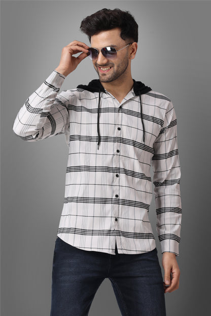 SUR-T Men's Regular Fit Checkered Hood Collar Casual Grey Classic Hoodie Shirt