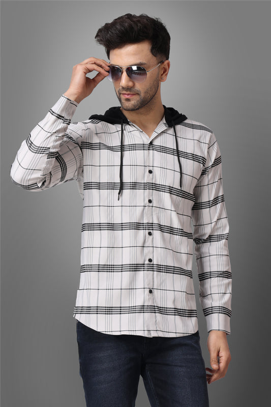 SUR-T Men's Regular Fit Checkered Hood Collar Casual Grey Classic Hoodie Shirt