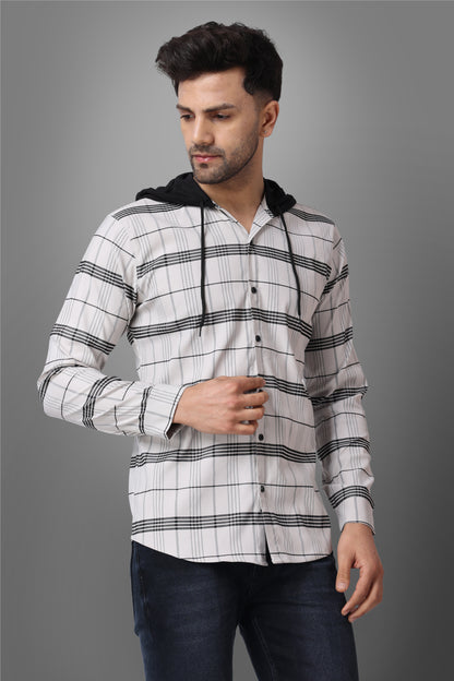 SUR-T Men's Regular Fit Checkered Hood Collar Casual Grey Classic Hoodie Shirt