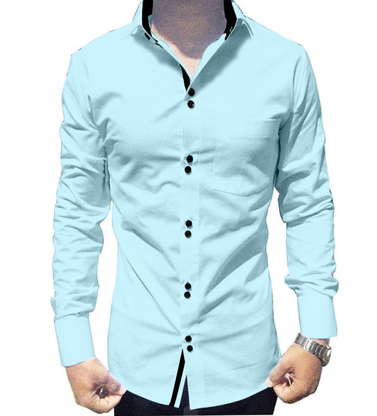 Men's Solid Slim Fit Cotton Double Button Sky Blue Shirt