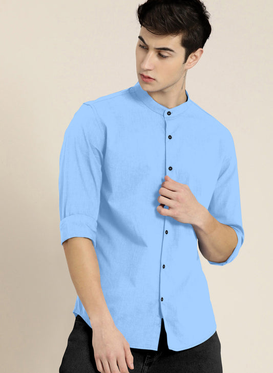 Stylish SKY Blue Men Slim Fit Solid Mandarin Collar Shirt