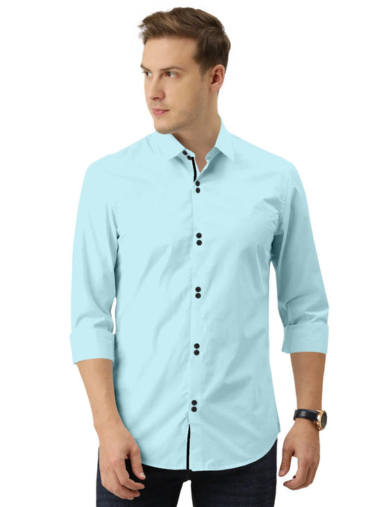 Men's Solid Slim Fit Cotton Double Button Sky Blue Shirt