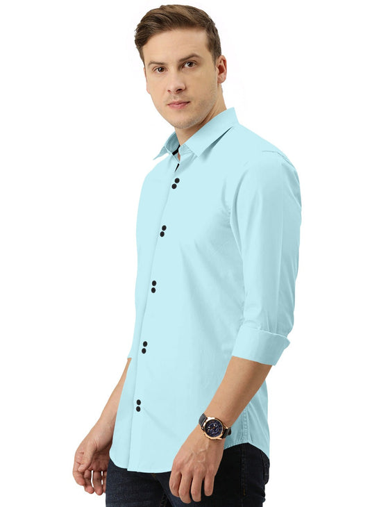 Men's Solid Slim Fit Cotton Double Button Sky Blue Shirt