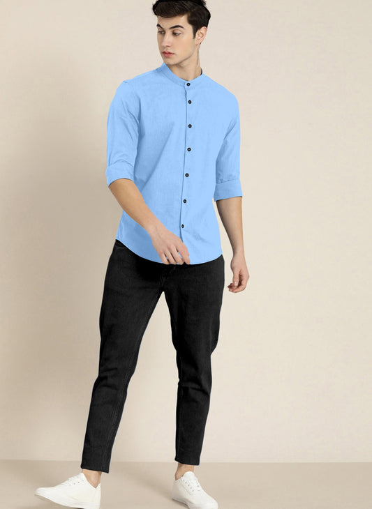 Stylish SKY Blue Men Slim Fit Solid Mandarin Collar Shirt