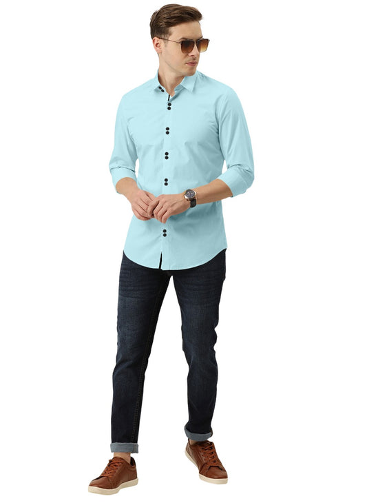 Men's Solid Slim Fit Cotton Double Button Sky Blue Shirt