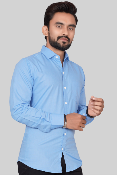 Men's Regular Fit Solid Spread Collar Casual Sky Blue Shirt
