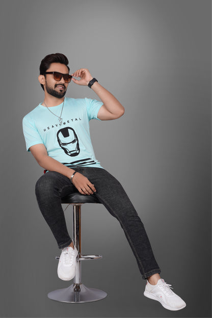 SUR-T Men Printed, Typography Round Neck Polyester SKY Blue T-Shirt
