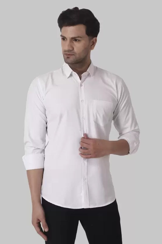 Men's Regular Fit Solid Spread Collar Casual White Shirt