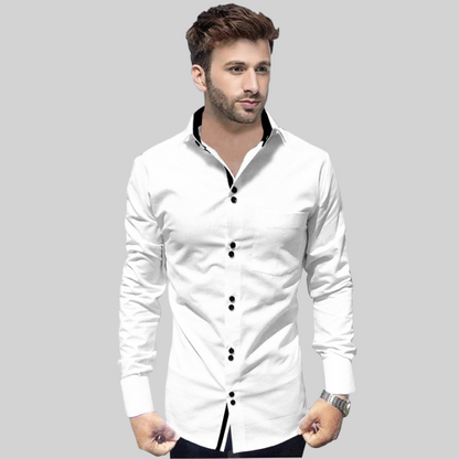 Men's Solid Slim Fit Cotton Double Button White Shirt