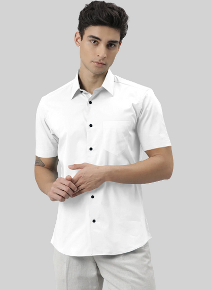 Men's Solid Slim Fit Cotton Half Sleeves White Shirt