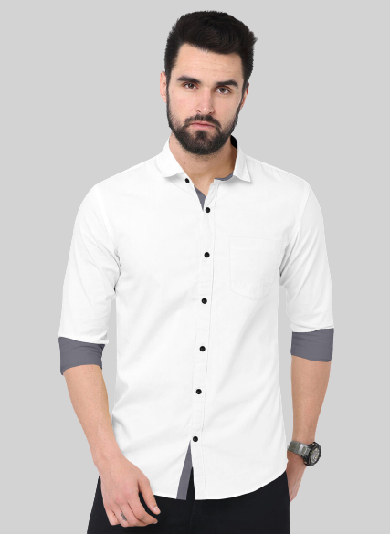 Men's Solid Plain Design Slim Fit White Cotton Shirt