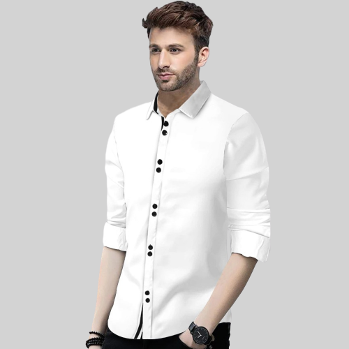 Men's Solid Slim Fit Cotton Double Button White Shirt
