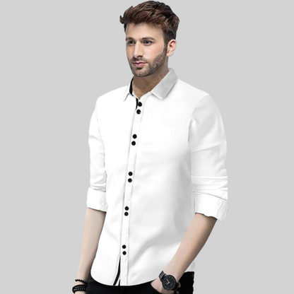Men's Solid Slim Fit Cotton Double Button White Shirt